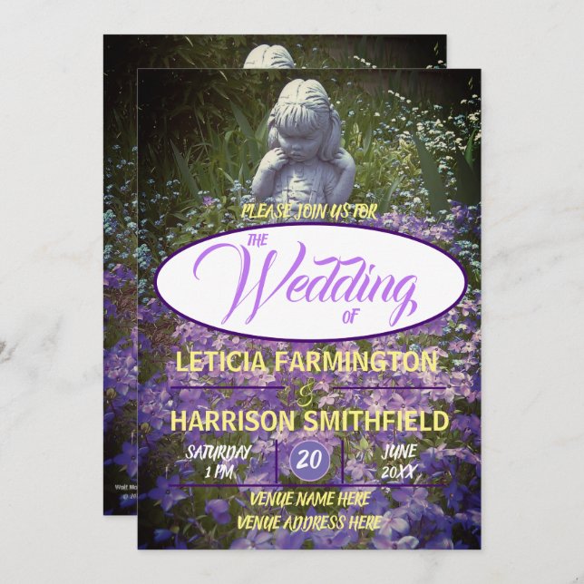 Invitación Estatua chica con azul violeta phlox olvidame-nots (Anverso / Reverso)