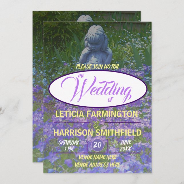 Invitación Estatua chica con azul violeta phlox olvidame-nots (Anverso / Reverso)