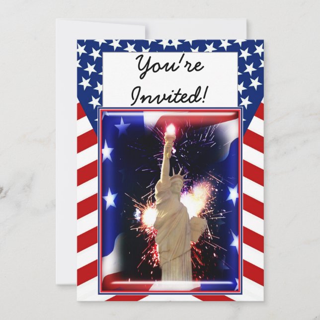 Invitación Estatua de la Libertad con Fuegos Artificiales par (Anverso)