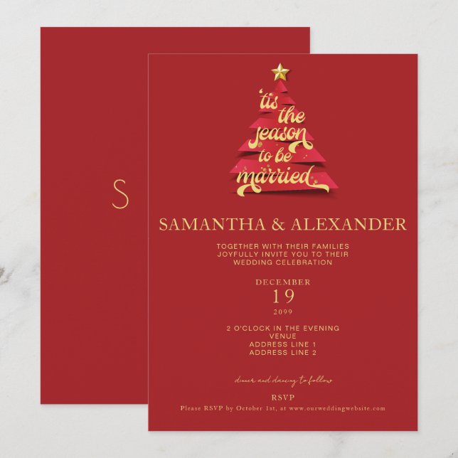 Invitación Este es el Boda de árbol de navidad rojo festivo d (Anverso / Reverso)