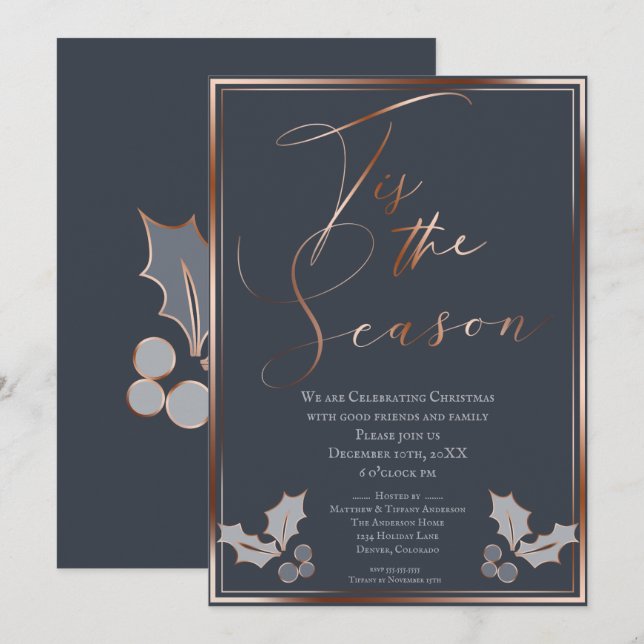 Invitación Este es el Fiesta de los Navidades Blue y Copper d (Anverso / Reverso)