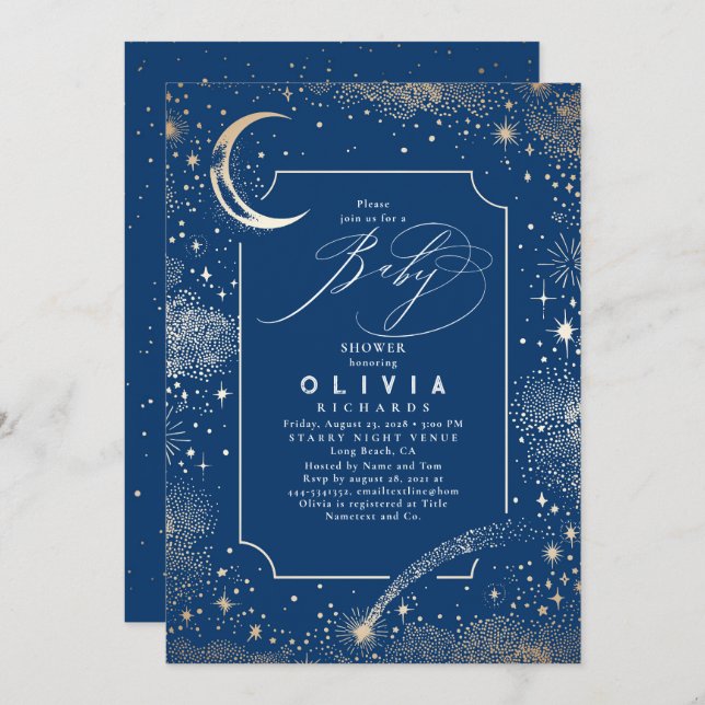 Invitación Estelar Luna de Noche Mystical Baby Shower Celesti (Anverso / Reverso)
