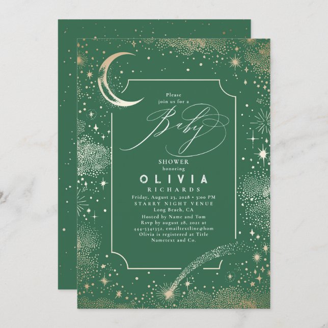 Invitación Estelar Luna de Noche Mystical Baby Shower Celesti (Anverso / Reverso)