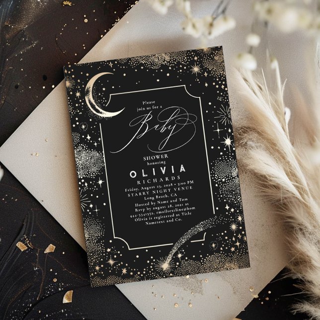 Invitación Estelar Luna de Noche Mystical Baby Shower Celesti (Starry Night Black Baby Shower Invitations)