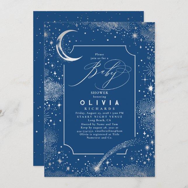 Invitación Estelar Luna de Noche Mystical Baby Shower Celesti (Anverso / Reverso)