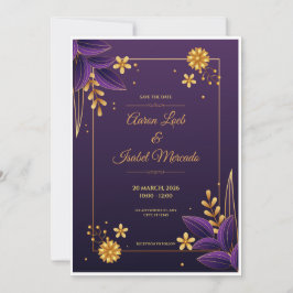 Invitación Estética floral morada y dorada, Save the Date