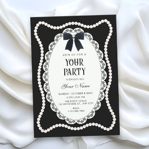 Invitación Estética negra elegante lazo perla