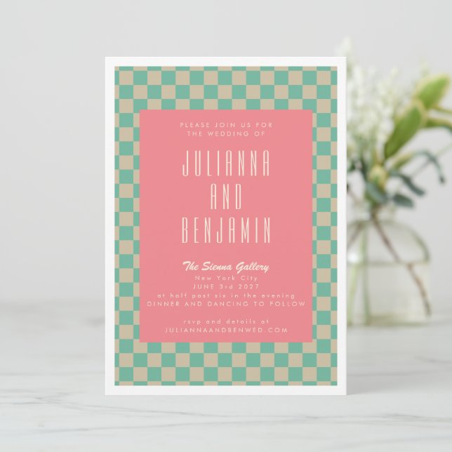 Invitación Estética Retro Cuadro Menta Rosa Boda (Anverso de pie)
