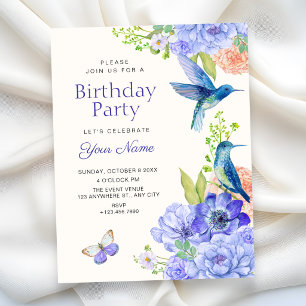 Invitación Estético elegante flor floral cumpleaños pájaro