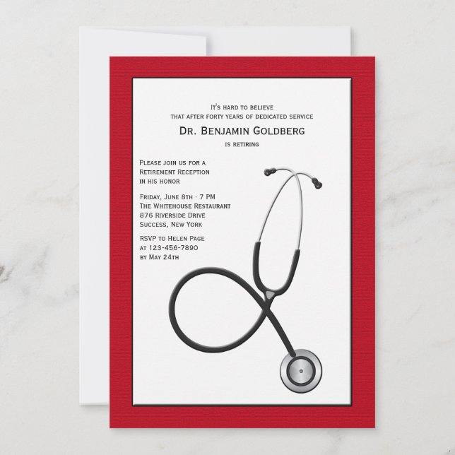 Invitación Estetioscopio con retiro médico de la frontera roj (Anverso)