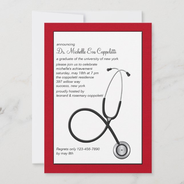 Invitación Estetoscopio con la graduación médica Inv de la (Anverso)