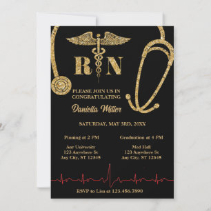 Invitación Estetoscopio de Purpurina Dorada Caduceo de Gradua