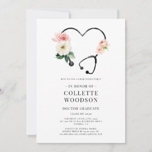 Invitación Estetoscopio Floral Acuarela Graduación de Doctor 