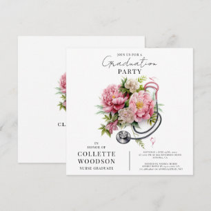 Invitación Estetoscopio Floral Acuarela Graduación de Enferme