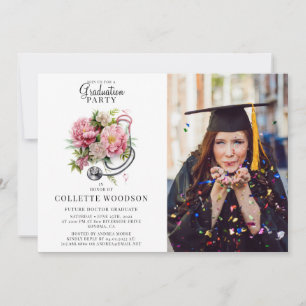 Invitación Estetoscopio Floral Futuro Doctor Foto Graduación 
