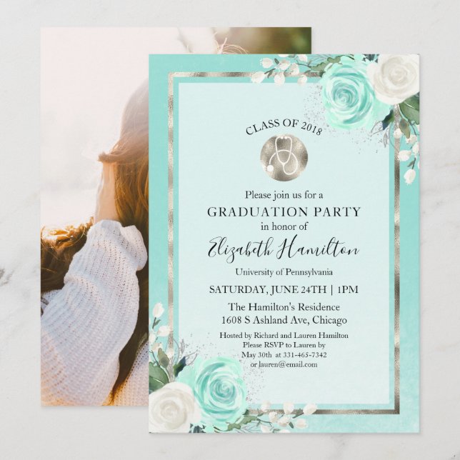 Invitación Estetoscopio Médico Enfermería Fiesta de Graduació (Anverso / Reverso)