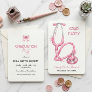 Invitación Estetoscopio Rosa Elegante Graduación de Enfermera