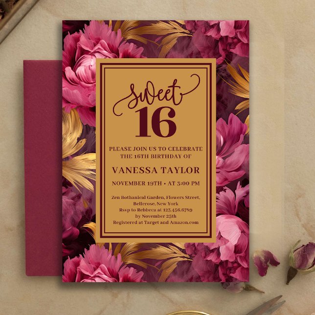 Invitación Estilizadas Rosas Borgoña Rubor Cumpleaños Diecisé (Stylish Burgundy Blush Roses Gold Sweet Sixteen Invite

)