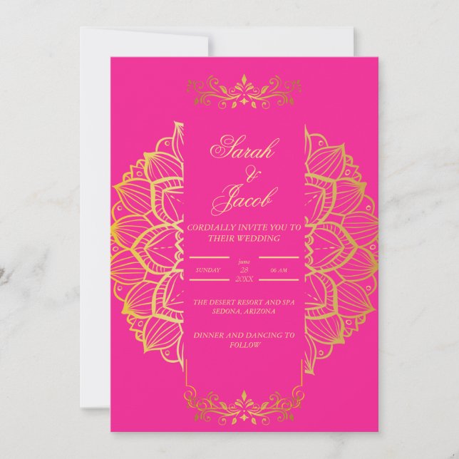 Invitación estilizar magenta y boda de oro (Anverso)