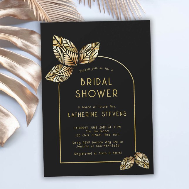 Invitación Estilo Art Deco Deja A Boho Frame Bridal Shower (art deco bridal shower invitation botanical gold leaf boho arch black stylized gatsby roaring 20s )