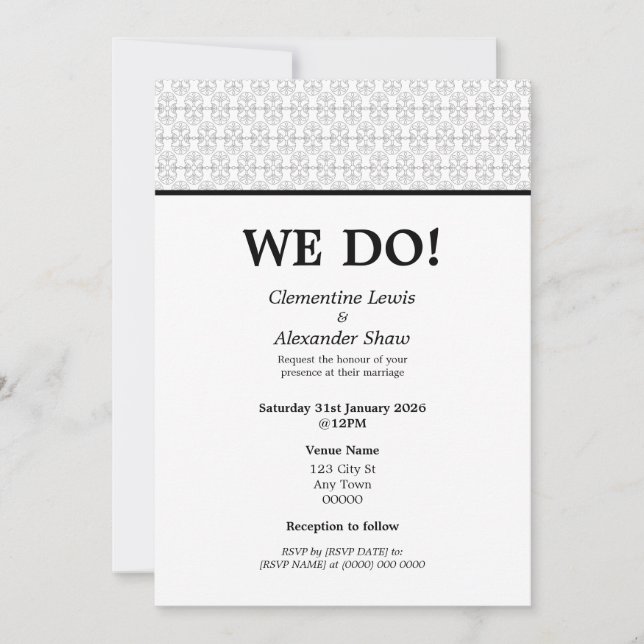 Invitación Estilo Art Déco elegante en negro y blanco (Anverso)
