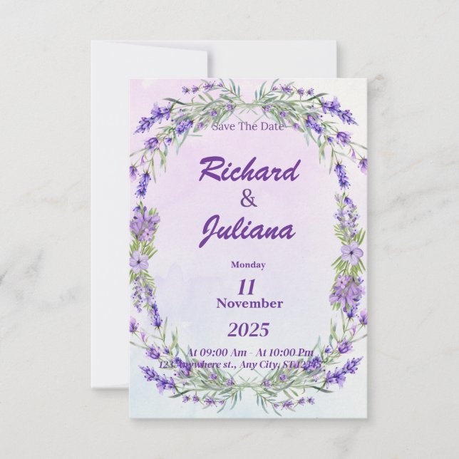 Invitación estilo boda de lavender francés (Anverso)