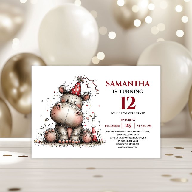 Invitación Estilo caprichoso de moda de animales de hipopótam (Trendy whimsical animals style kids birthday invitation

)