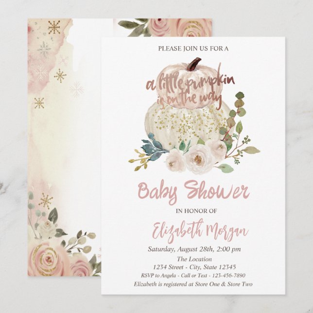 Invitación Estilo Chic Calabaza, Flores Baby Shower (Anverso / Reverso)