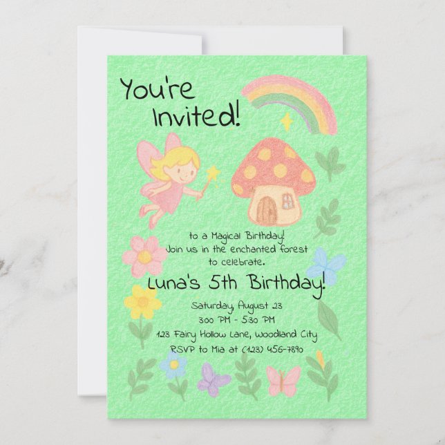 Invitación Estilo Crayon editable - Bosque de hongos de hadas (Anverso)