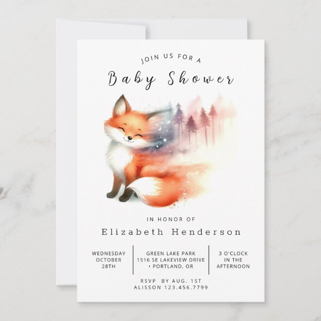 Invitación Estilo de agua Bosque Fox Baby Shower (Anverso)