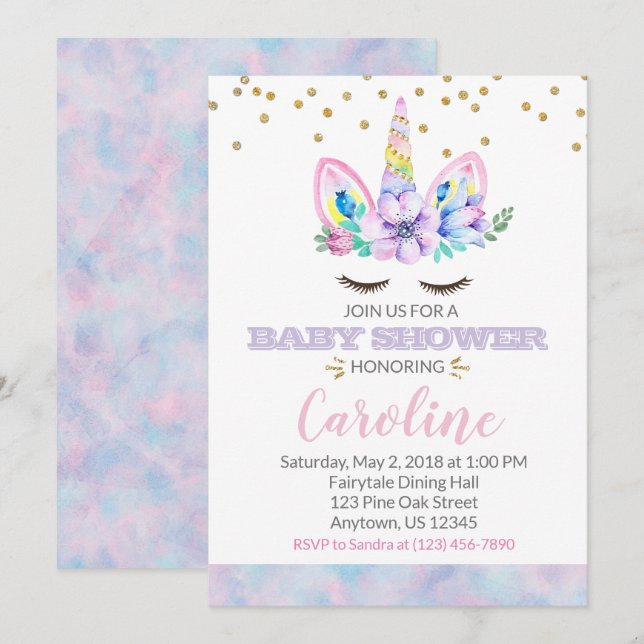 Invitación Estilo de agua rosa y púrpura Unicorn Baby Shower (Anverso / Reverso)