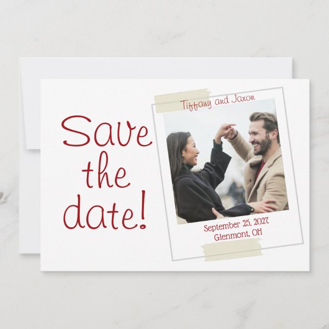 Invitación Estilo de foto rojo y blanco Guardar la fecha (Anverso)