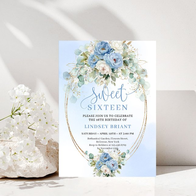 Invitación Estilo de guión Dusty Blue Peonies Cumpleaños Dulc (Script Style Dusty Blue Peonies Sweet 16 Birthday Invite)