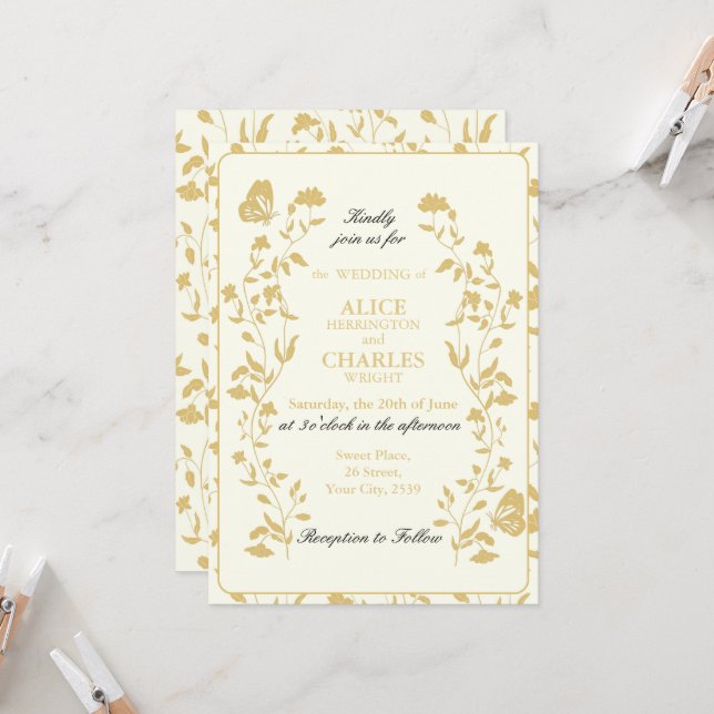 Invitación Estilo de la cosecha Dorado y Boda floral crema (Anverso/Reverso In Situ)