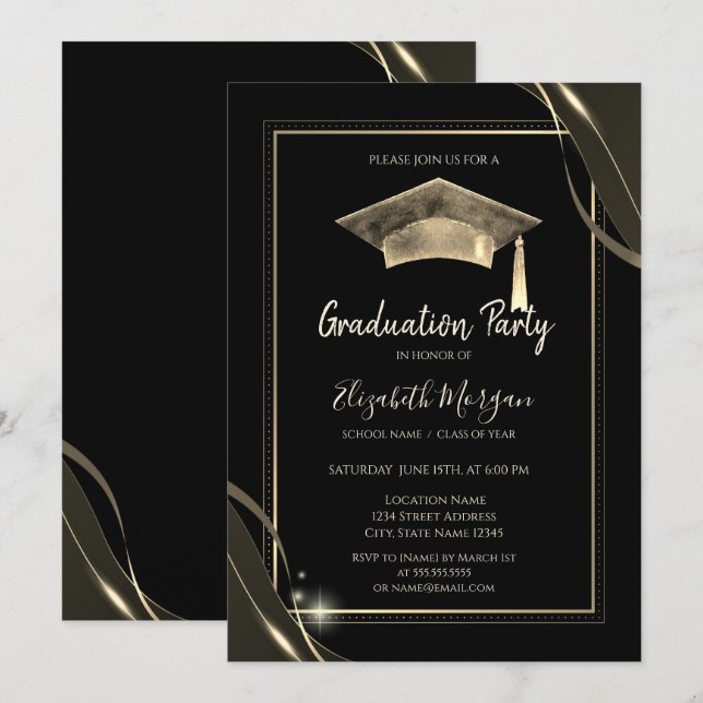 Invitación Estilo de marco de oro brillo, gorra de graduación (Anverso / Reverso)