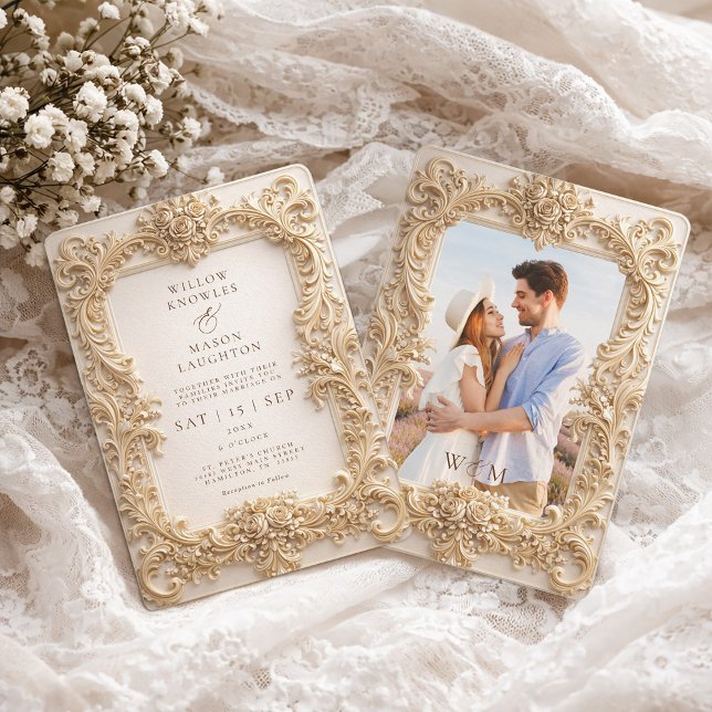 Invitación Estilo de Marco Elegante Repujado Barroco Boda (Elegant Baroque Gold Photo Frame Wedding Invitation)