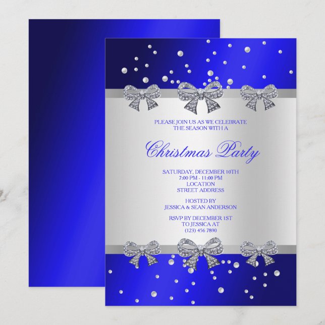 Invitación Estilo de Navidad con lazos de diamantes y perlas (Anverso / Reverso)