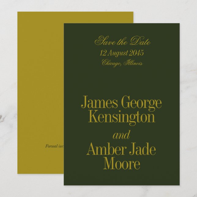 Invitación Estilo Editorial Verde Oliva Chartreuse Boda (Anverso / Reverso)