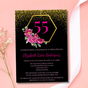Invitación Estilo Español Cumpleaños 55 Negro y Dorado Rosa