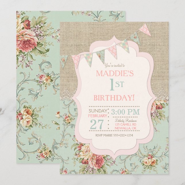 Invitación Estilo Floral Desgastado Rústico Campo Arpillera E (Anverso / Reverso)