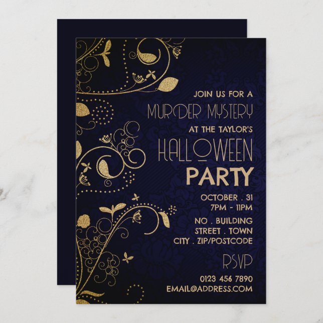 Invitación Estilo Gatsby, fiesta de Halloween del misterio de (Anverso / Reverso)