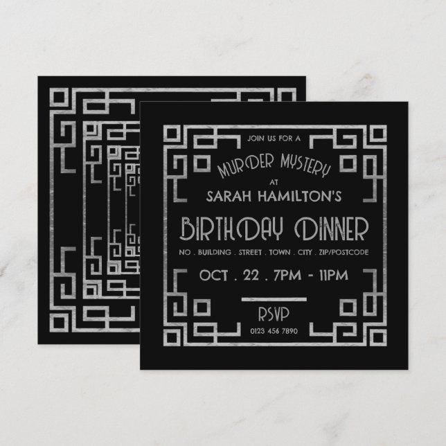 Invitación Estilo Gatsby Geométrico, Aniversario del Misterio (Anverso / Reverso)