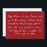 Invitación Estilo manuscrito Boda Minimalista rojo y blanco<br><div class="desc">Los detalles del boda se muestran en un estilo manuscrito con un fondo rojo y un tipo de letra blanco. La parte posterior de la invitación es un sólido rojo con texto blanco para la fecha de boda.</div>