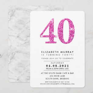 Invitación ESTILO MODERNO 40 cumpleaños fiesta purpurina rosa