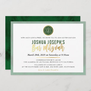 Invitación ESTILO MONOGRAM BAR MITZVAH bosque de oro verde