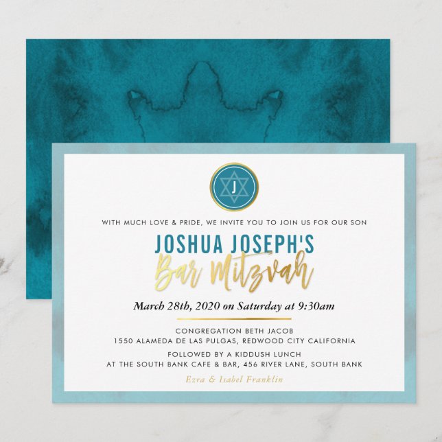 Invitación ESTILO MONOGRAM BAR MITZVAH escritura verde azulad (Anverso / Reverso)