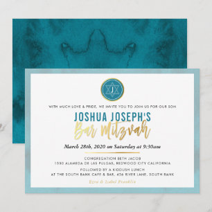 Invitación ESTILO MONOGRAM BAR MITZVAH escritura verde azulad