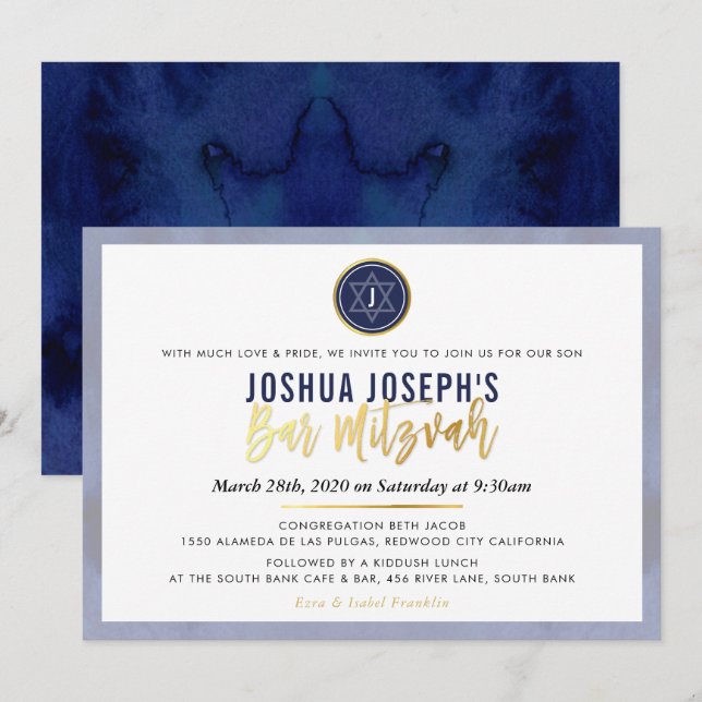 Invitación ESTILO MONOGRAM BAR MITZVAH guión dorado azul mari (Anverso / Reverso)