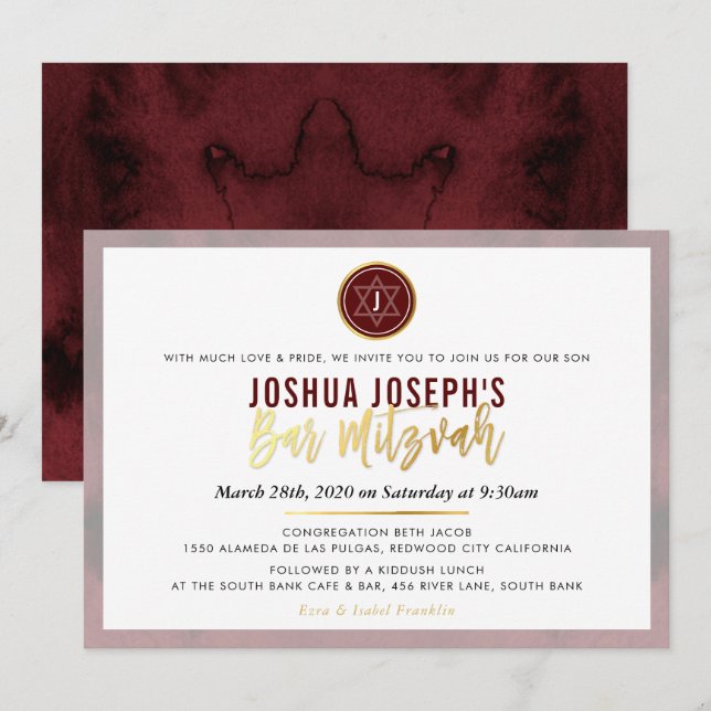 Invitación ESTILO MONOGRAM BAR MITZVAH marrón oro rojo oscuro (Anverso / Reverso)