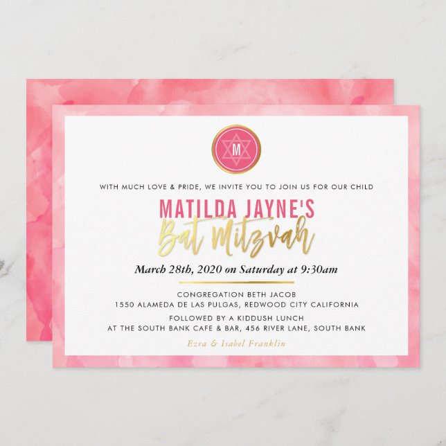 Invitación ESTILO MONOGRAM BAT MITZVAH coral oro rosa (Anverso / Reverso)